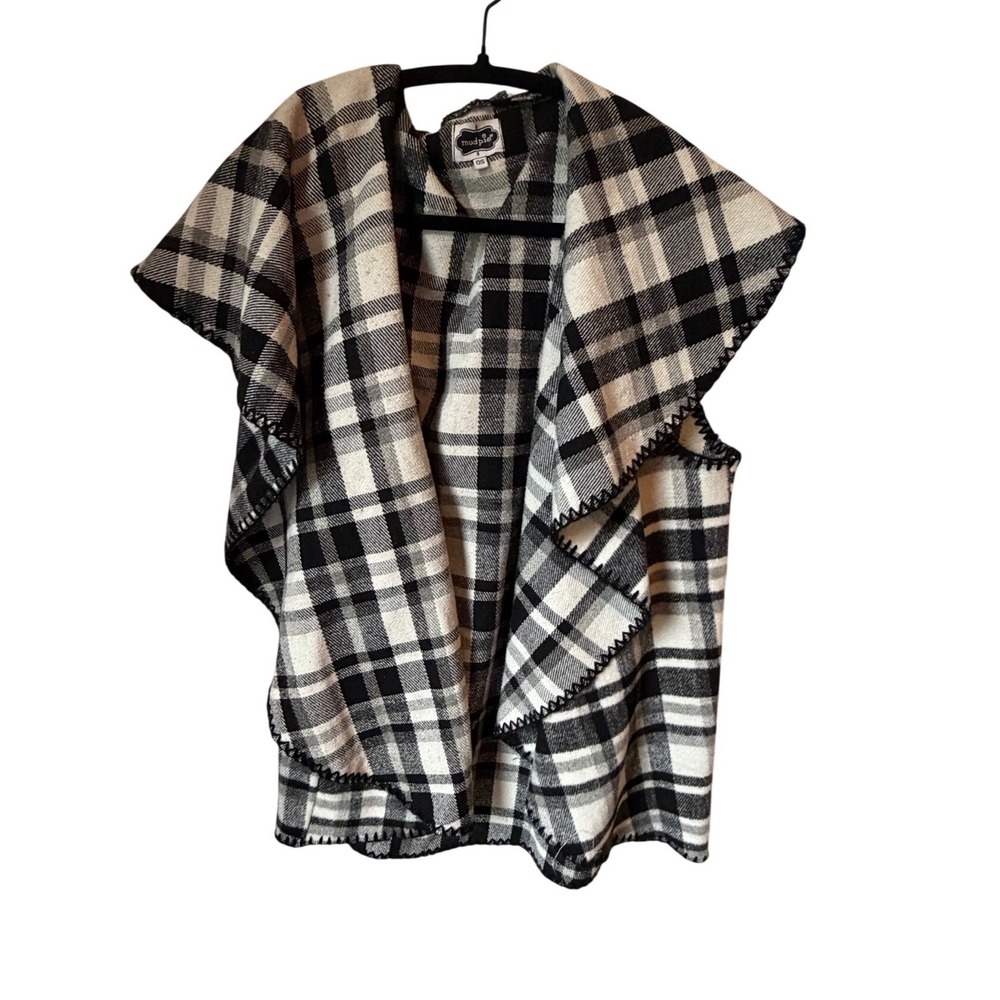 Mud Pie Black White Plaid Draped Shawl Collar Wrap Vest Blanket Stitch OS